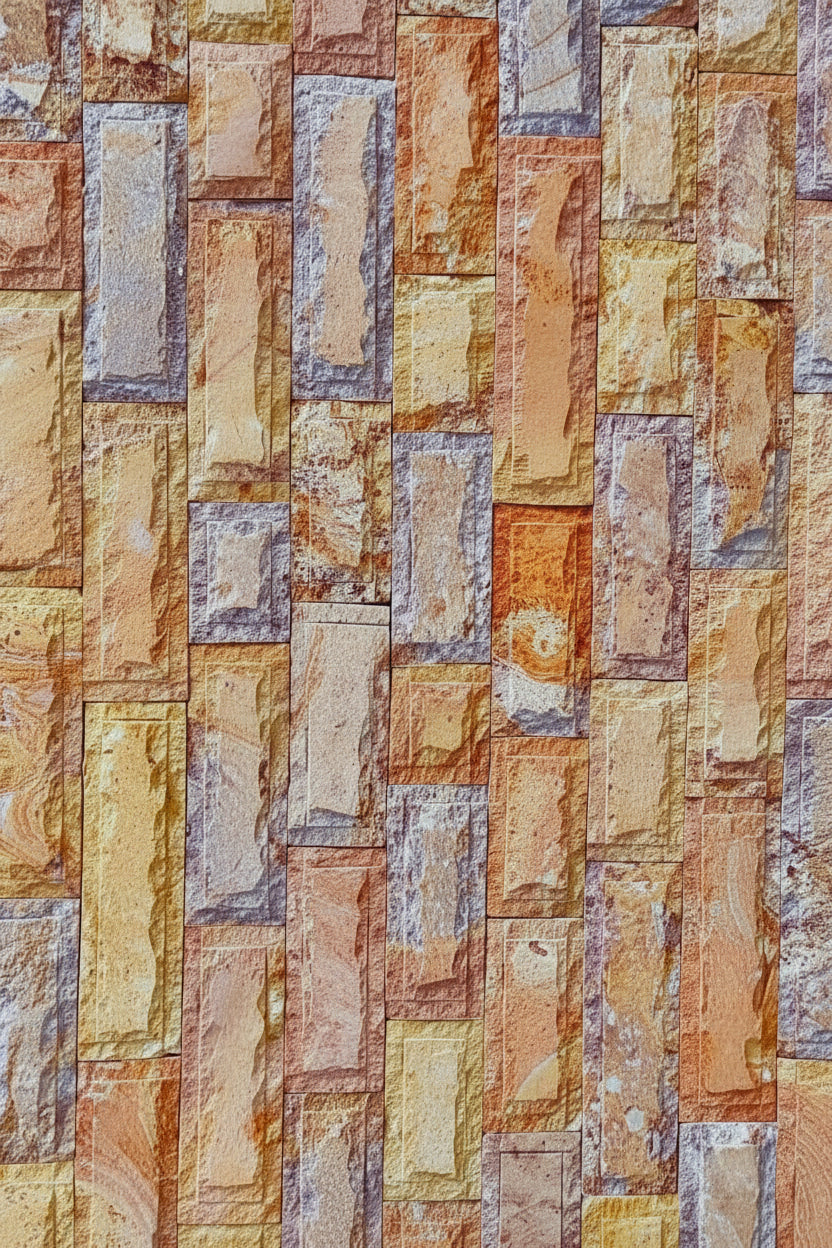 Cintilla Arcoíris de cantera natural decorativa con textura rugosa y tonos tierra, ideal para acabados arquitectónicos.