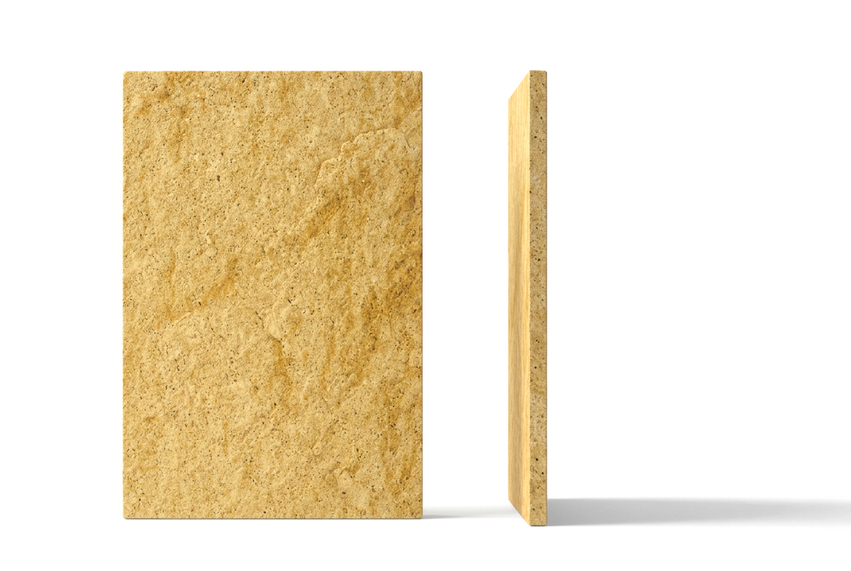 Canteras Naturales Santo Tomás Cantera Oro stone tile with a warm golden ochre texture and rustic artisanal finish.