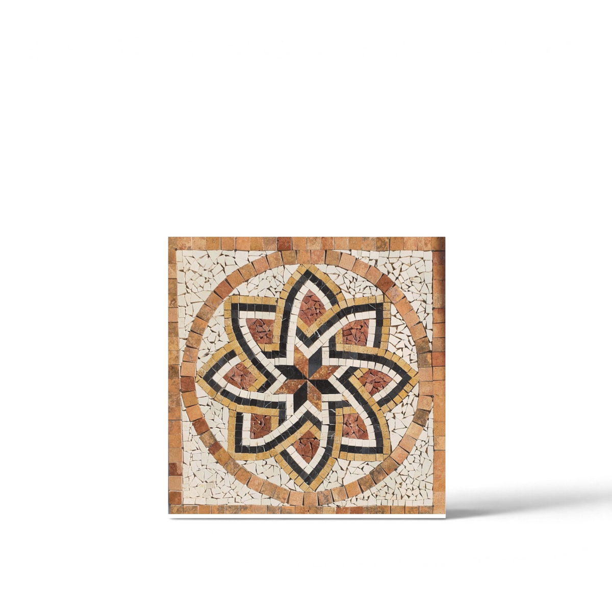 Tapete de mosaico de mármol artesanal Modelo #12 con medallón decorativo en tonos crema, terracota y negro, de 1 × 1 m