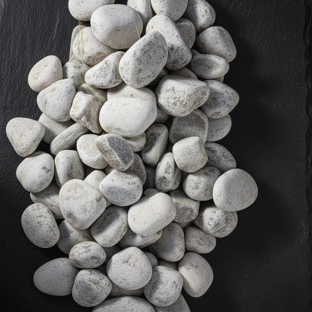 Vista cenital de Piedra Bola Blanco Bego, piedras decorativas blancas redondeadas sobre un fondo de piedra negra.