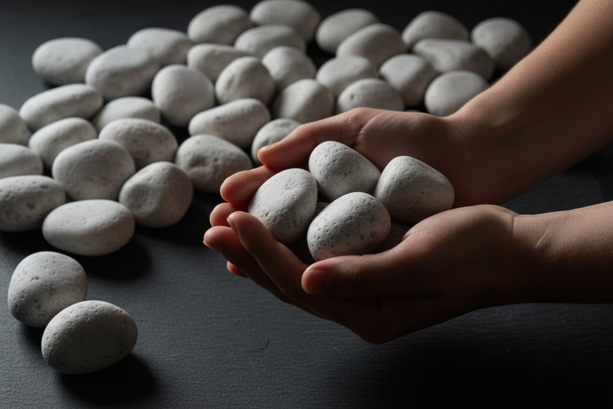 Manos sosteniendo Piedra Bola Blanco Bego, mostrando su escala y acabado redondeado para paisajismo y jardín.