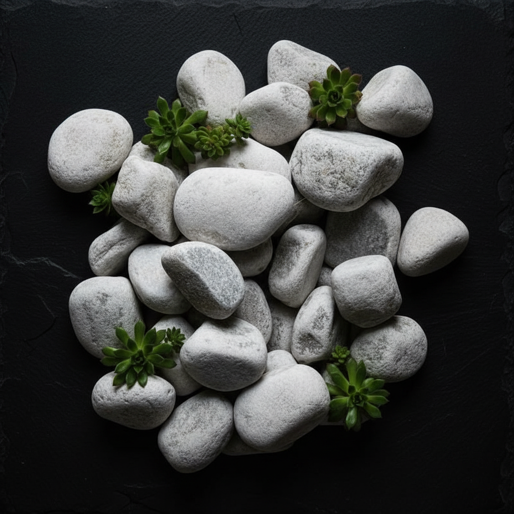 Piedra bola blanca decorativa Bego sobre fondo oscuro con pequeñas suculentas para paisajismo y jardín.
