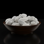 Piedra bola Blanco Bego en tazón de madera, para jardines y paisajismo, crea ambientes serenos y elegantes.