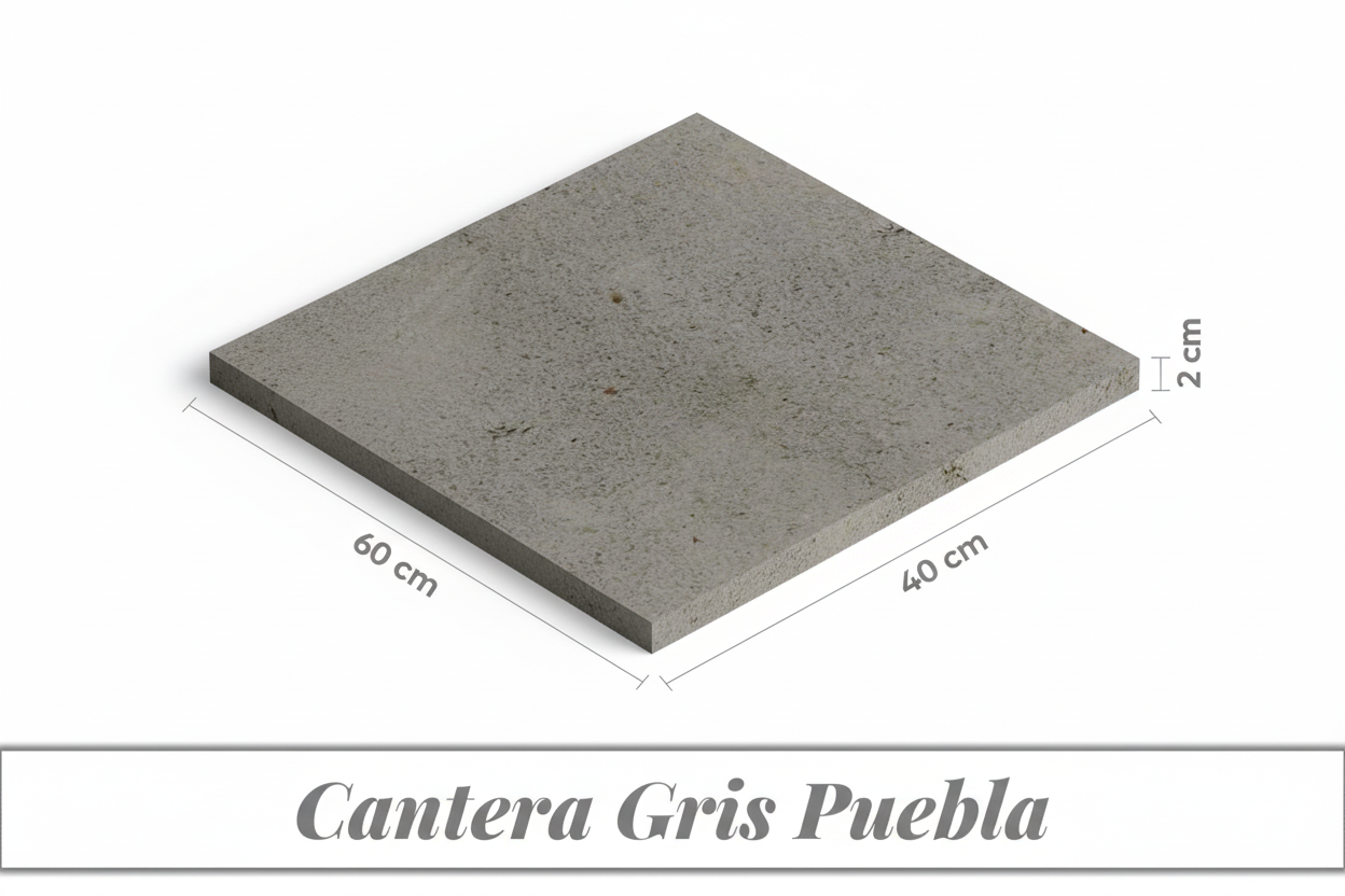 Cantera Gris Puebla 60x40x2 cm con medidas en lados