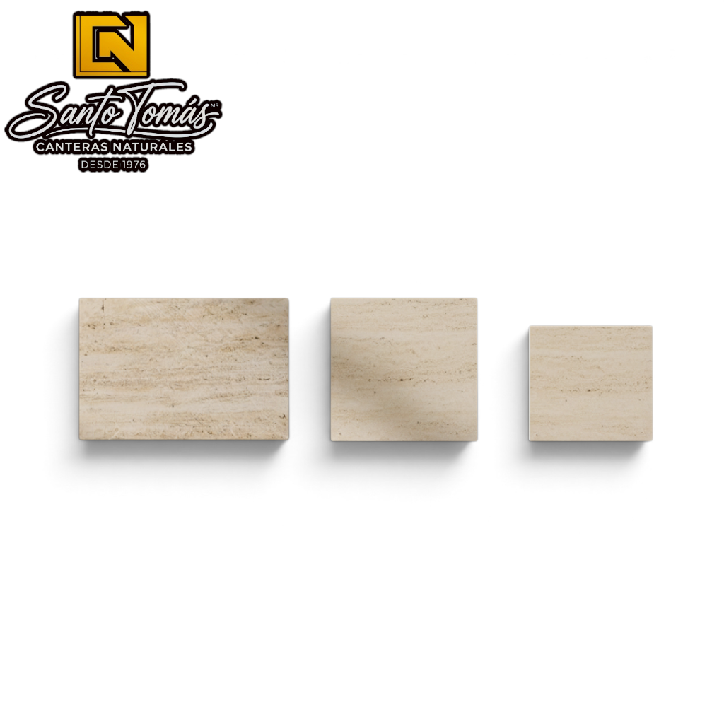 Canteras Naturales Santo Tomás Cantera Beige Rivera stone tiles in three sizes with natural granular texture.