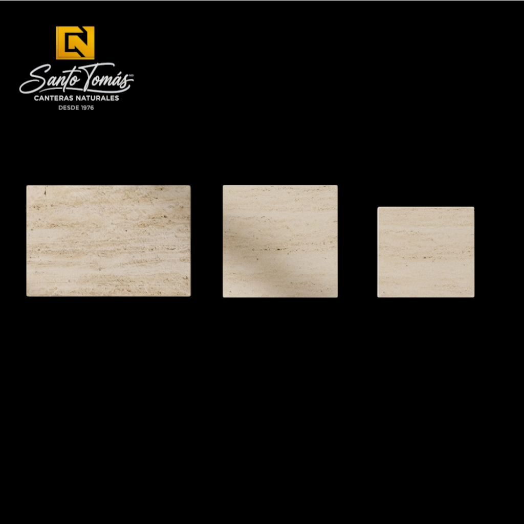 Canteras Naturales Santo Tomás Cantera Beige Rivera stone tiles in three sizes with natural granular texture.