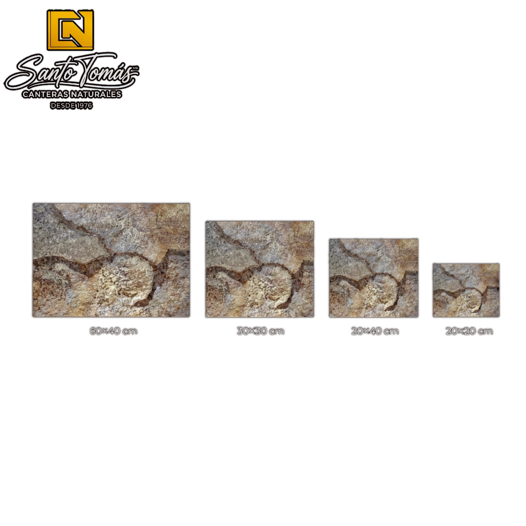 Canteras Naturales Santo Tomás Cantera Arqueológica stone tiles in various sizes with rustic artisanal texture.