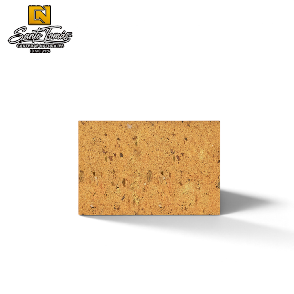 Canteras Naturales Santo Tomás Cantera Bronce stone tile with warm orange-gold texture and natural brown speckles.