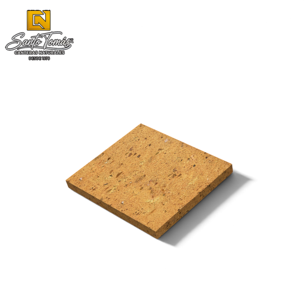 Canteras Naturales Santo Tomás Cantera Bronce stone tile with a warm orange-gold texture and natural porous finish.
