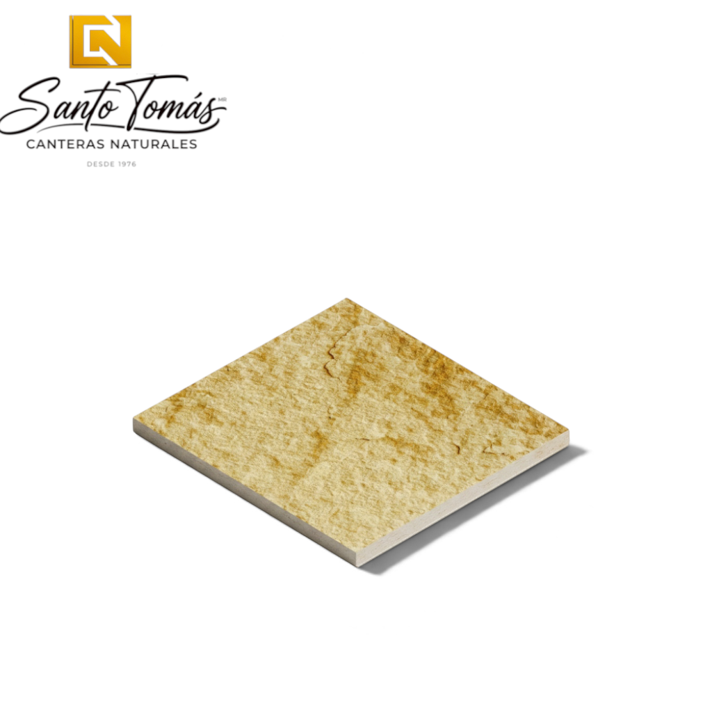 Canteras Naturales Santo Tomás Cantera Oro natural stone tile with a textured golden ochre surface for wall cladding.