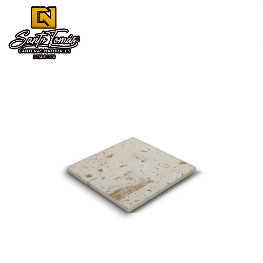 Canteras Naturales Santo Tomás Cantera Piñón stone tile with cream base and reddish-brown speckled texture