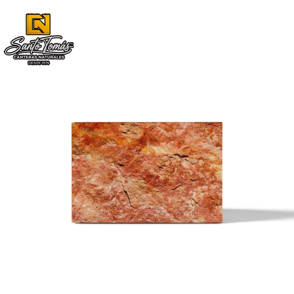 Canteras Naturales Santo Tomás Cantera Roja Tlayua stone with intense red tones and natural rustic textured finish.