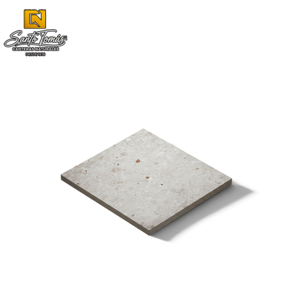 Canteras Naturales Santo Tomás cream-colored Conchuela natural stone tile with embedded fossil patterns.