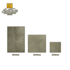 Canteras Naturales Santo Tomás Cantera Gris Puebla stone tiles in three sizes with warm greenish-grey organic texture.