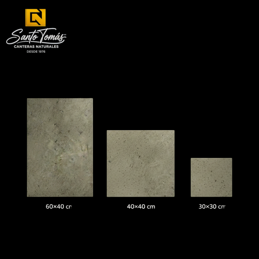 Canteras Naturales Santo Tomás Cantera Gris Puebla stone tiles in three sizes with warm greenish-grey organic texture.