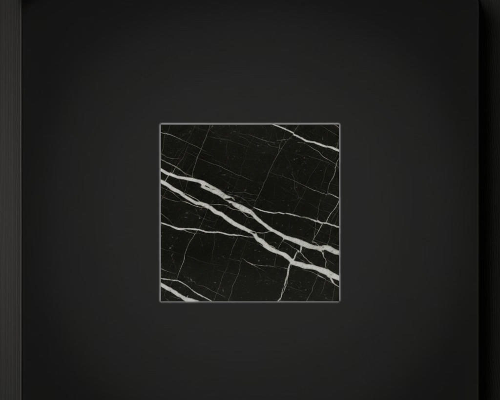 Canteras Naturales Santo Tomás Negro Monterrey marble tile with a polished finish, deep black stone and white veins.