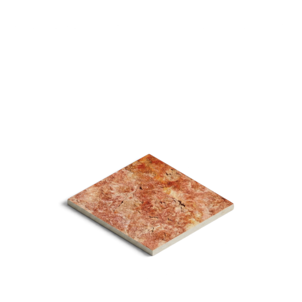 Canteras Naturales Santo Tomás red Tlayua natural stone tile with rustic texture and gold veins for wall cladding.