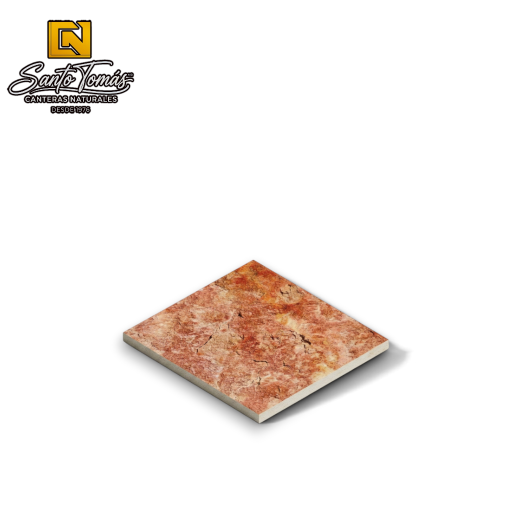 Canteras Naturales Santo Tomás red Tlayua natural stone tile with rustic texture and gold veins for wall cladding.