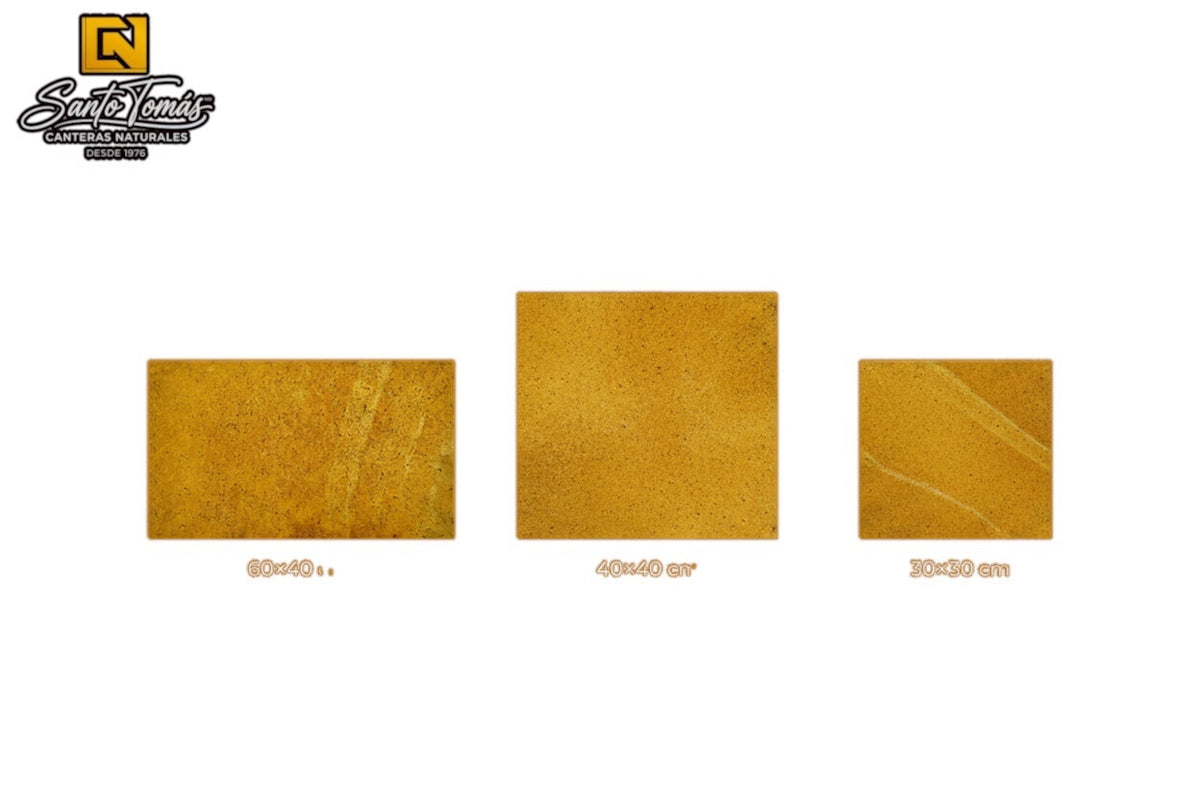 Canteras Naturales Santo Tomás yellow Calmek natural stone tiles in three different sizes for wall and floor decor.
