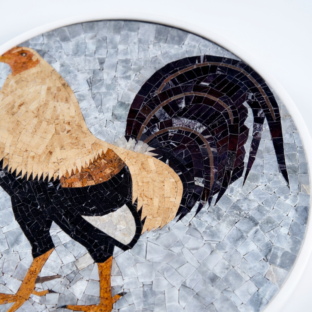 Detalle macro del mosaico del Tapete Modelo #19 con el plumaje del gallo y las teselas grises