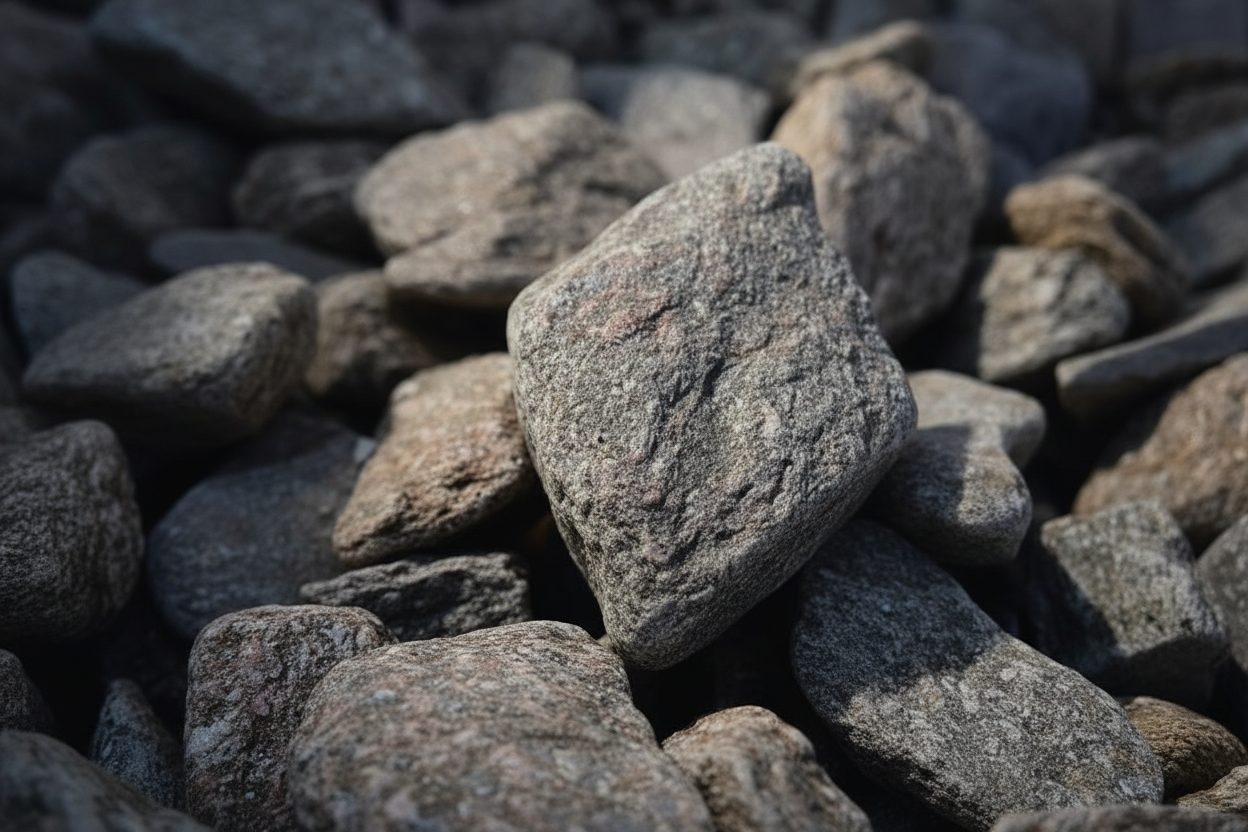 Primer plano de piedra bola diamantina gris para jardín con textura natural rugosa y forma redondeada decorativa.