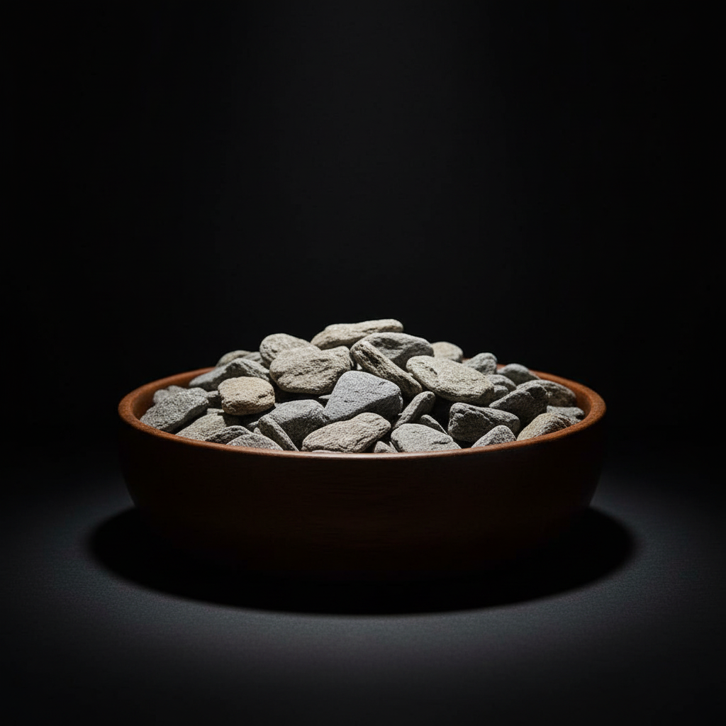 Piedra bola diamantina decorativa gris en tazón de madera, ideal para paisajismo y diseño de jardines.