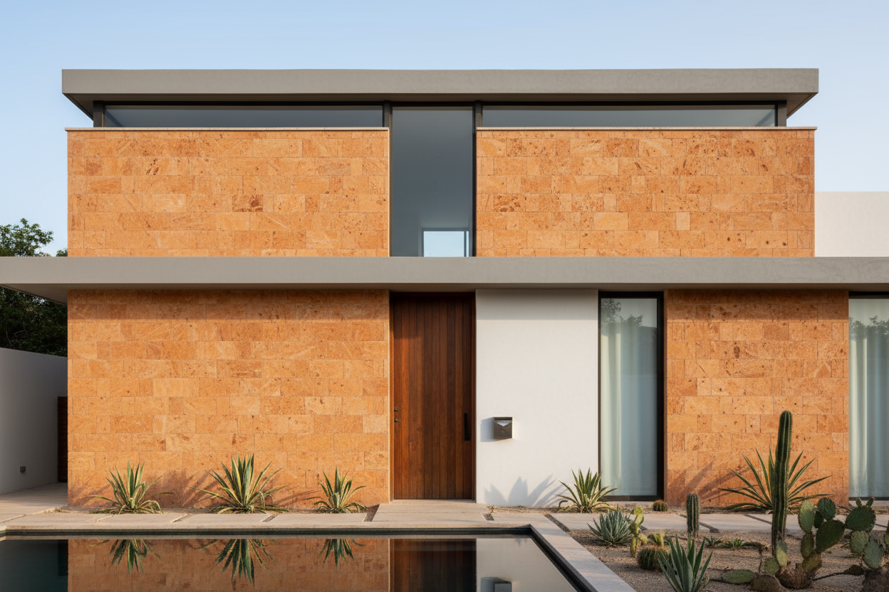 fachada de casa minimalista con naranja ticul