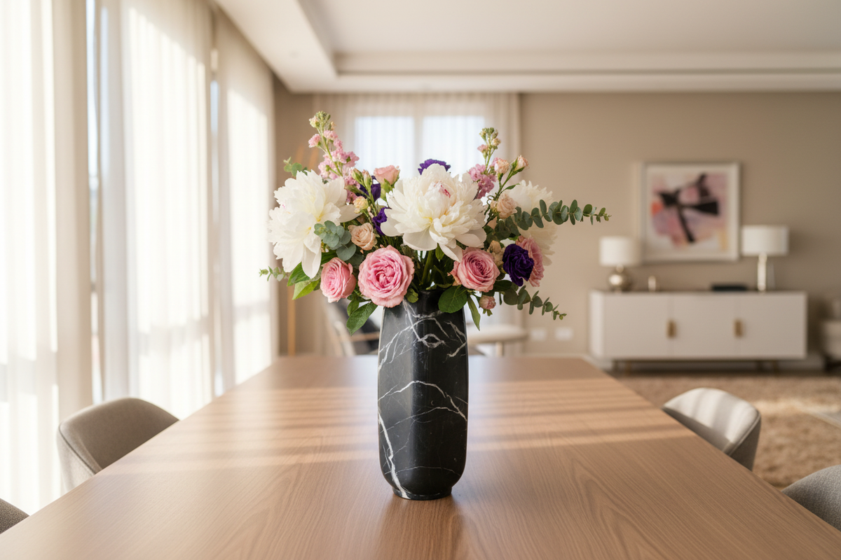 Florero de Mármol Natural con Flores en Interior Elegante