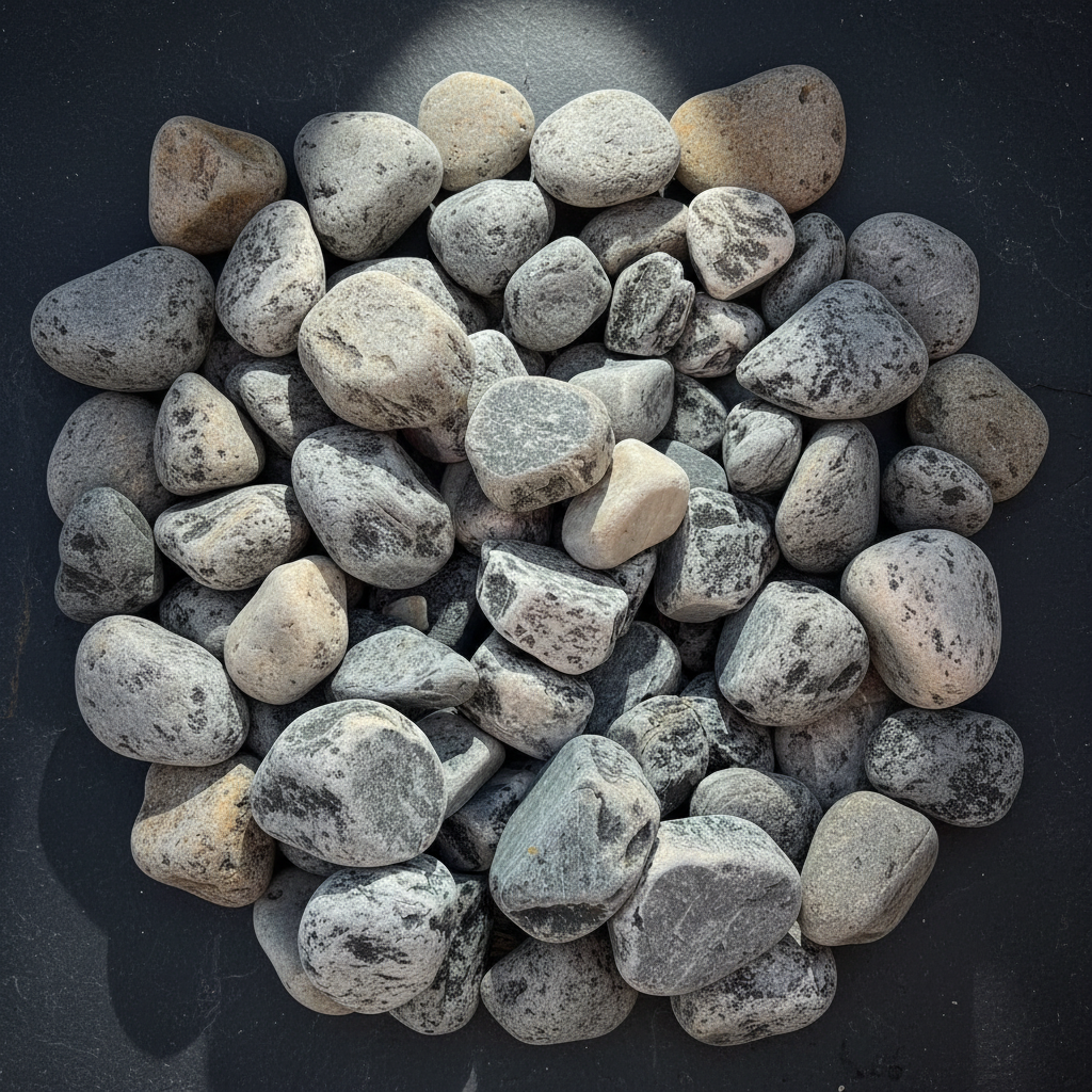 Piedra bola gris decorativa para paisajismo y jardín, con acabado redondeado natural e iluminación cenital.