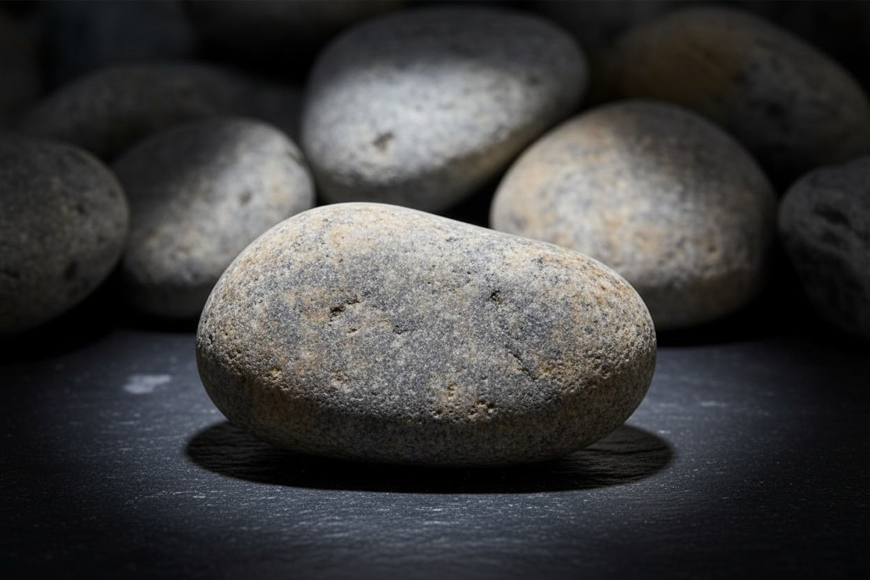 Primer plano de piedra bola gris decorativa para paisajismo con textura natural y forma redondeada.