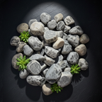 Piedra bola gris decorativa de forma redondeada para paisajismo y jardín con plantas suculentas sobre fondo oscuro.