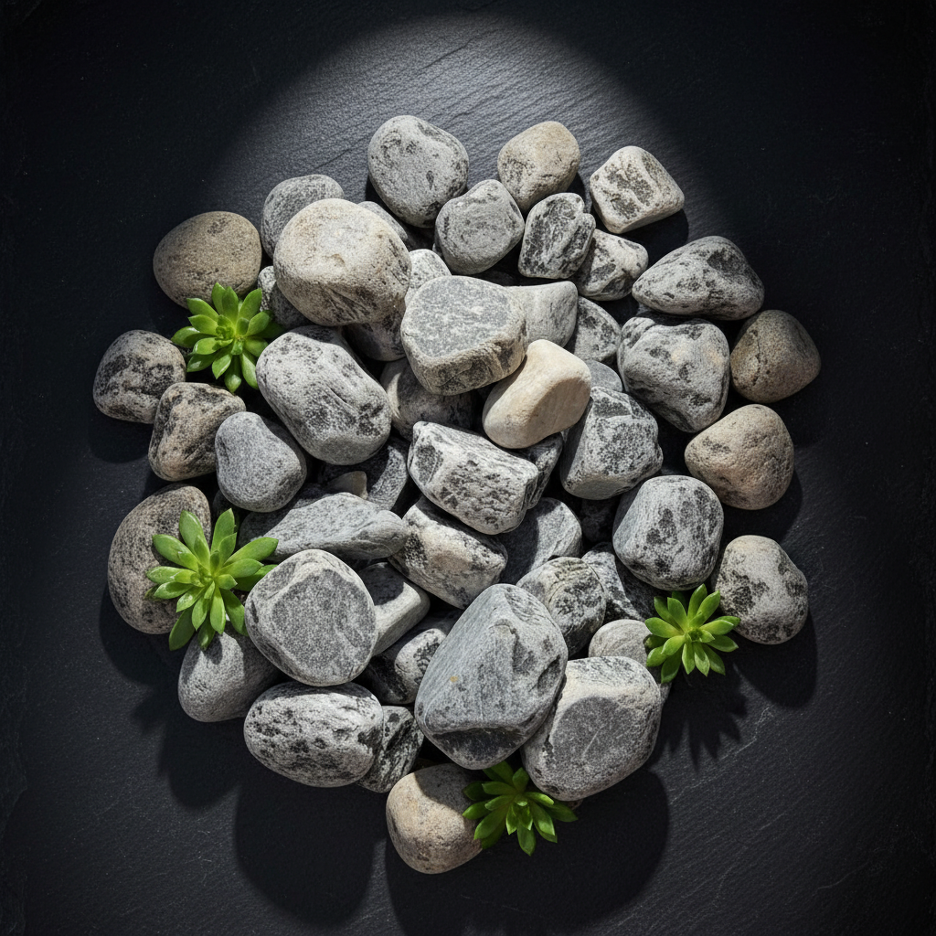 Piedra bola gris decorativa de forma redondeada para paisajismo y jardín con plantas suculentas sobre fondo oscuro.