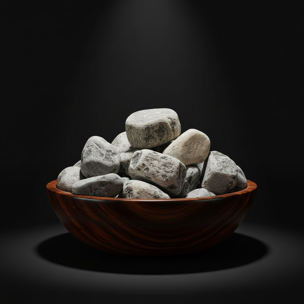 Piedra bola gris decorativa de forma redondeada en tazón de madera, ideal para paisajismo y diseño de jardines.