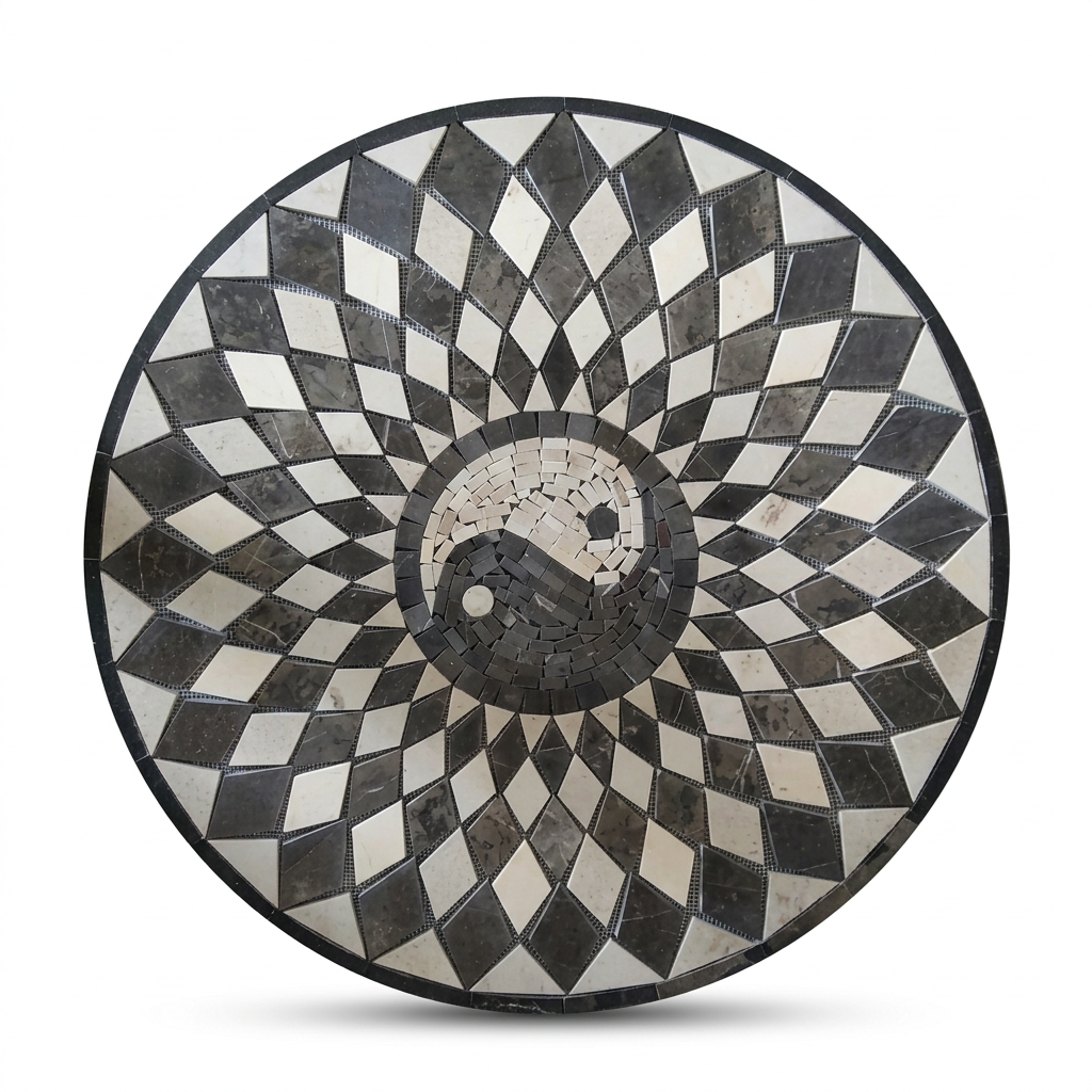 Tapete de mosaico de mármol artesanal Modelo #16, medallón redondo con diseño de yin-yang en blanco y negro rodeado de un patrón espiral de rombos y borde negro