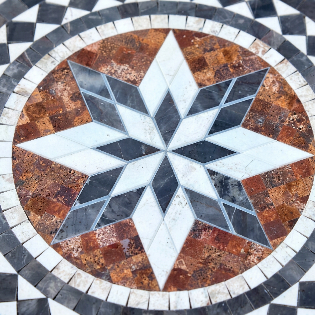 Detalle macro del mosaico del Tapete Modelo #15 con la estrella y las teselas terracota