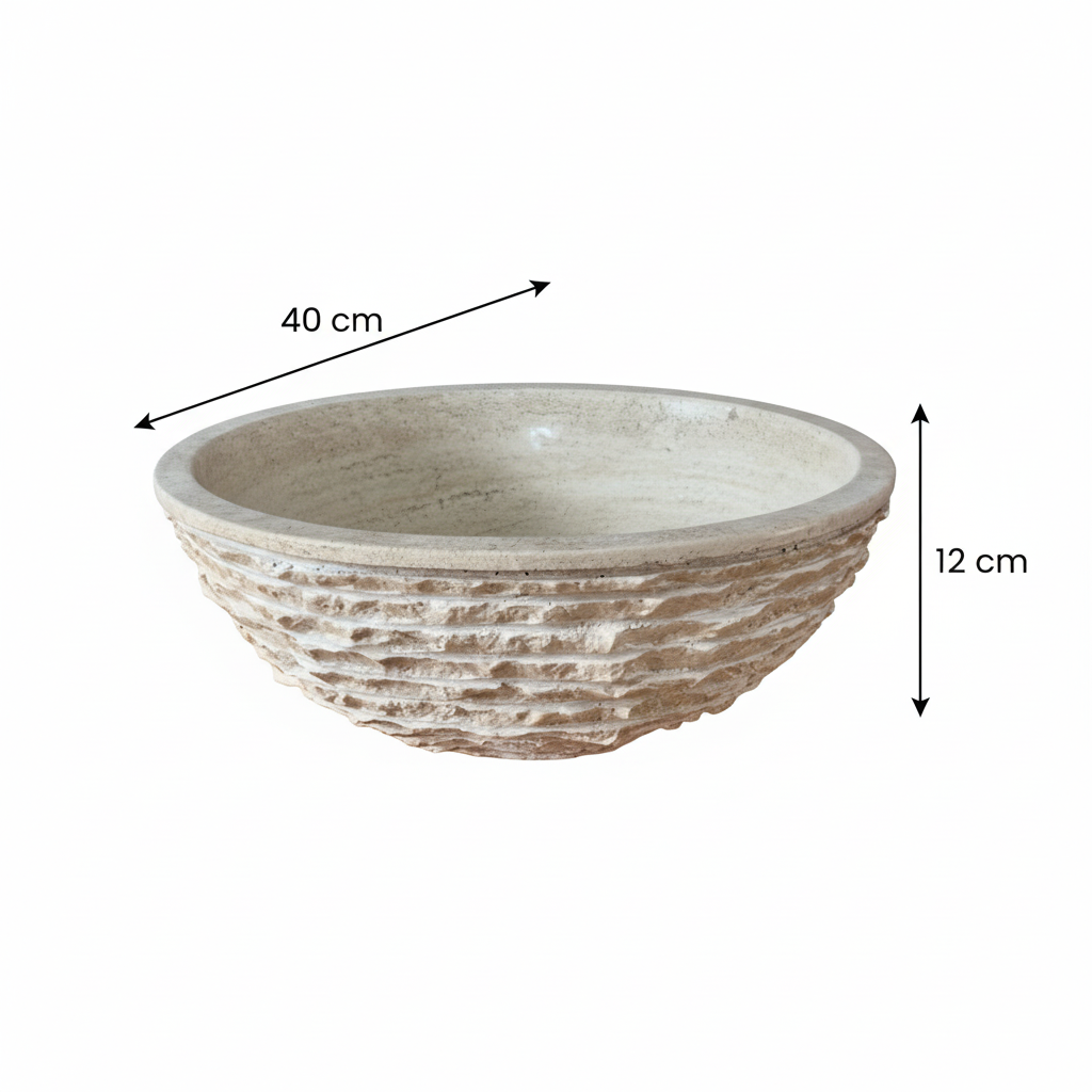 Ovalín Redondo Rústico Blanco - Render con dimensiones 40cm diámetro x 12cm alto