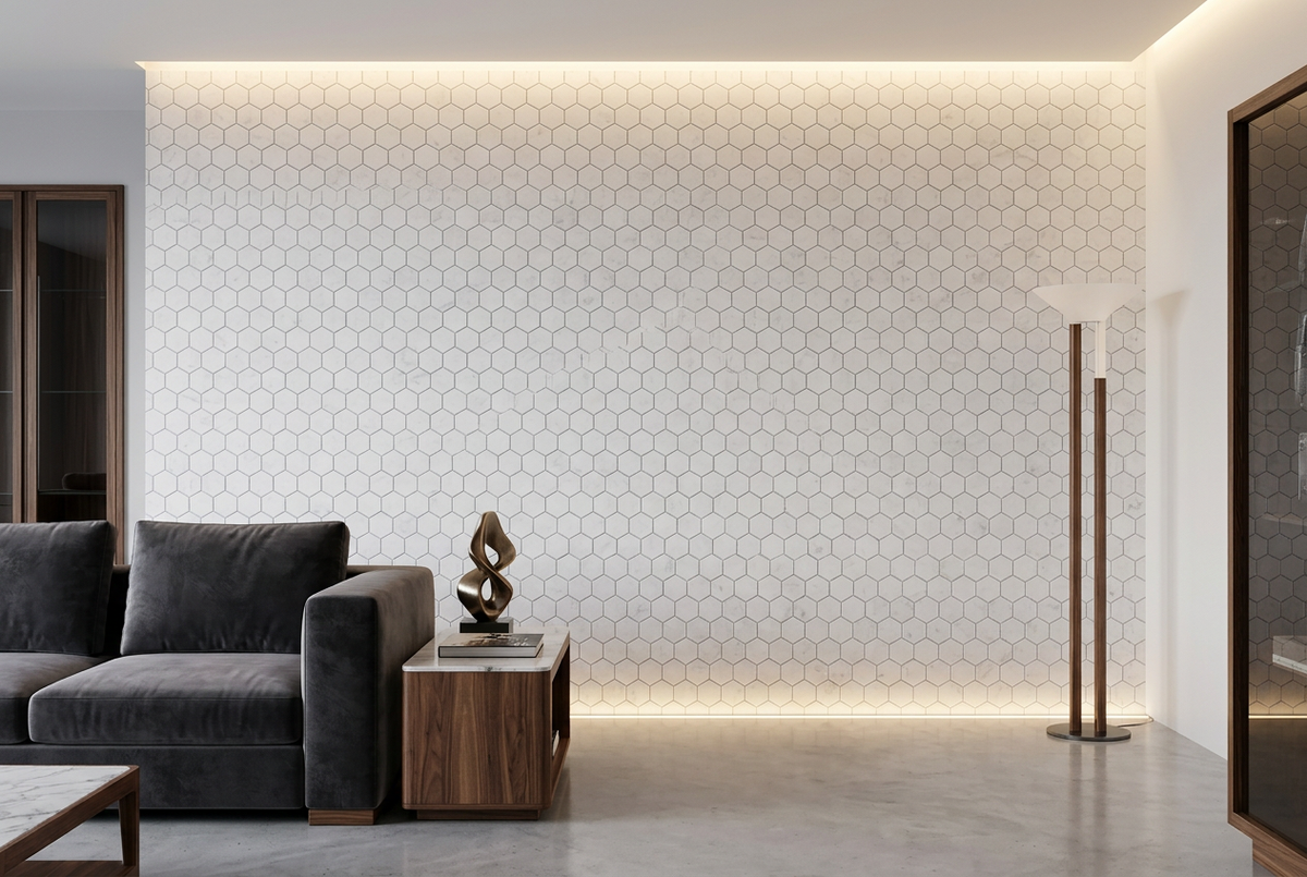 Ambientación ilustrativa de sala con muro revestido de hexágonos de mármol blanco.