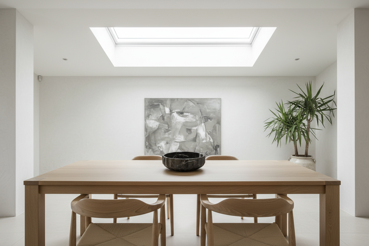 Bowl de mármol minimalista de 30cm como centro de mesa en comedor contemporáneo zen