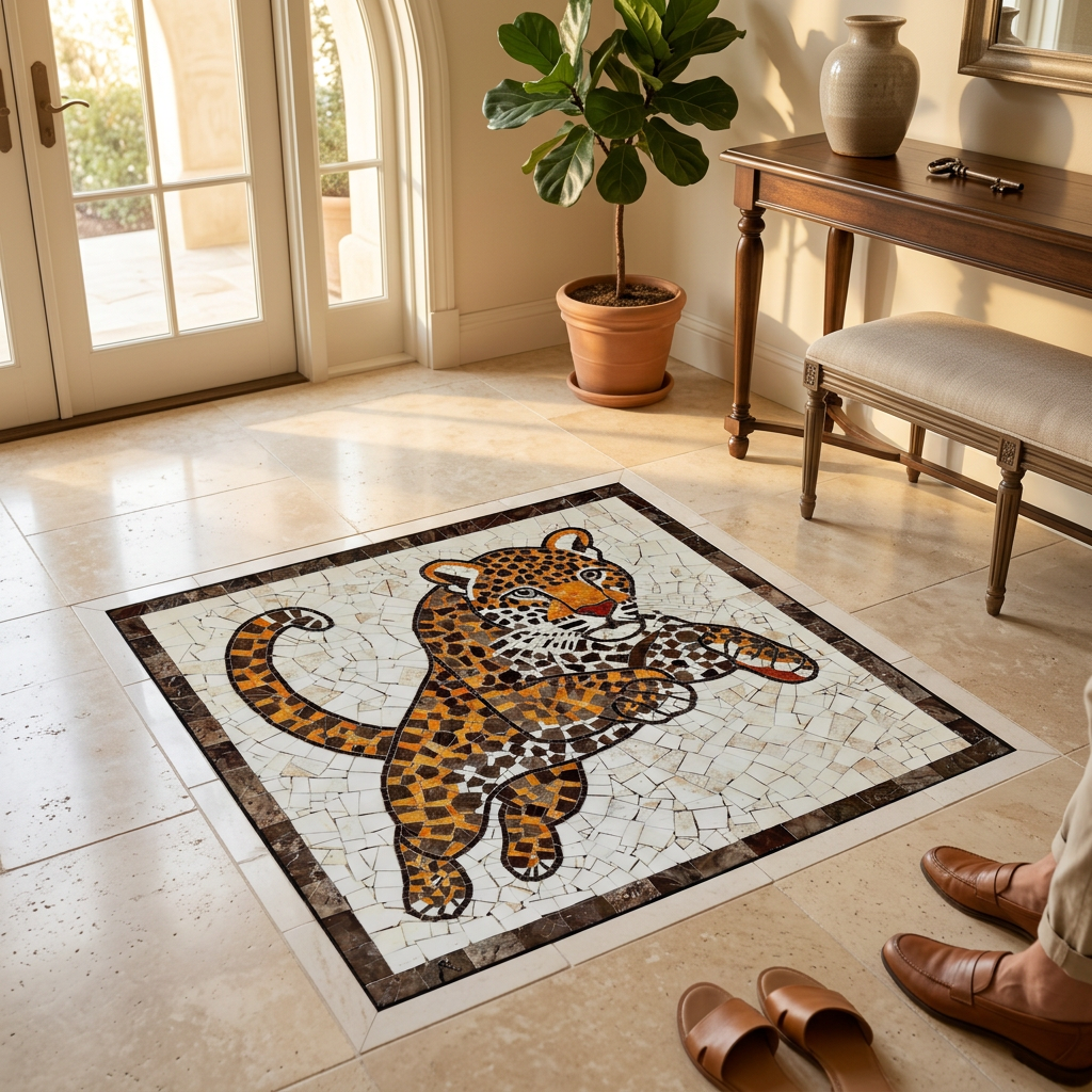 Tapete Modelo #18 instalado como acento decorativo en el piso de un recibidor elegante