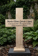 Ambientación ilustrativa de cruz conmemorativa de mármol crema en jardín con grabado ficticio.