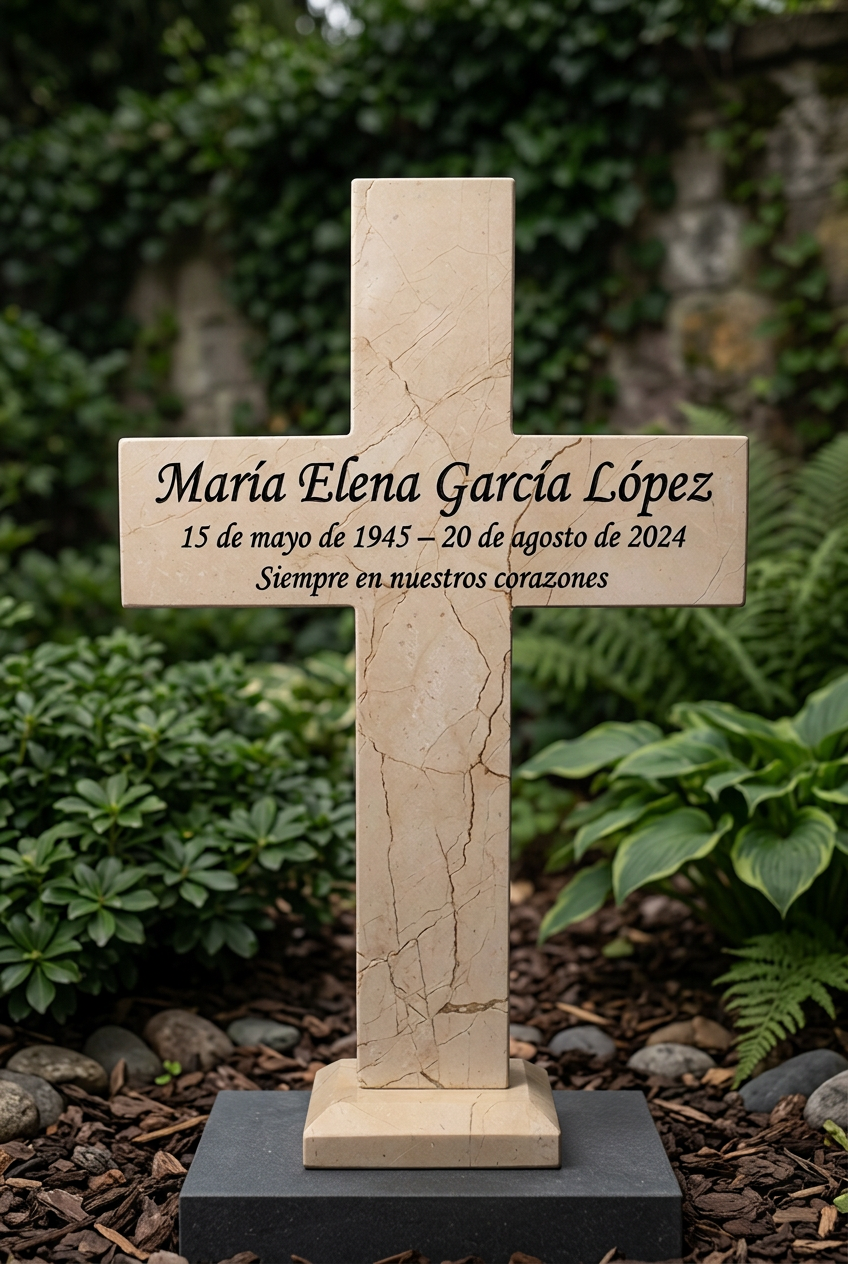 Ambientación ilustrativa de cruz conmemorativa de mármol crema en jardín con grabado ficticio.