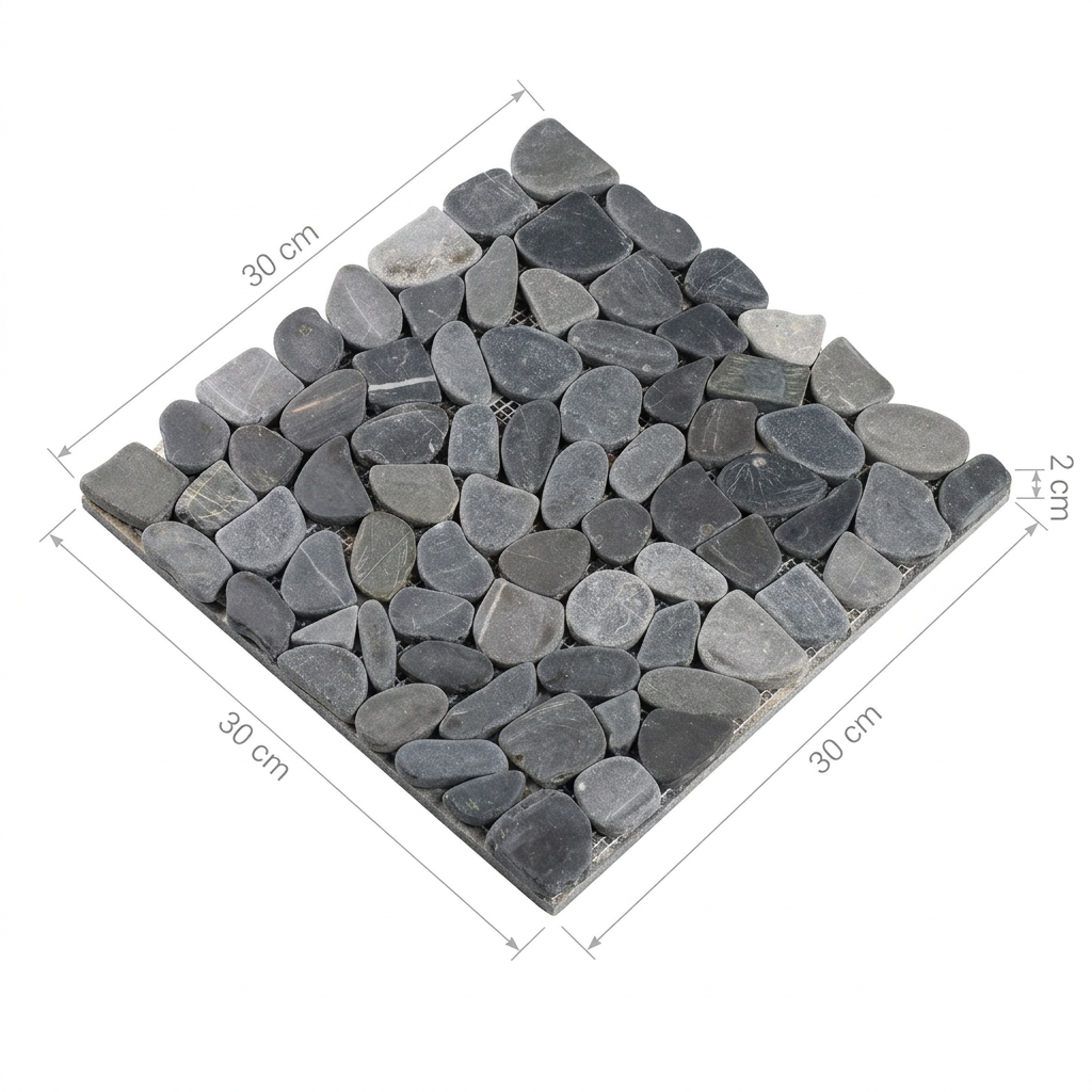 Vista isométrica ilustrativa de Malla Greca Gris con medidas de 30 por 30 por 2 cm.
