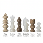 Comparativa de alturas de las piezas de ajedrez: Rey 8 cm, Reina 7 cm, Alfil 6.5 cm, Caballo 6.5 cm, Torre 6 cm y Peón 5 cm