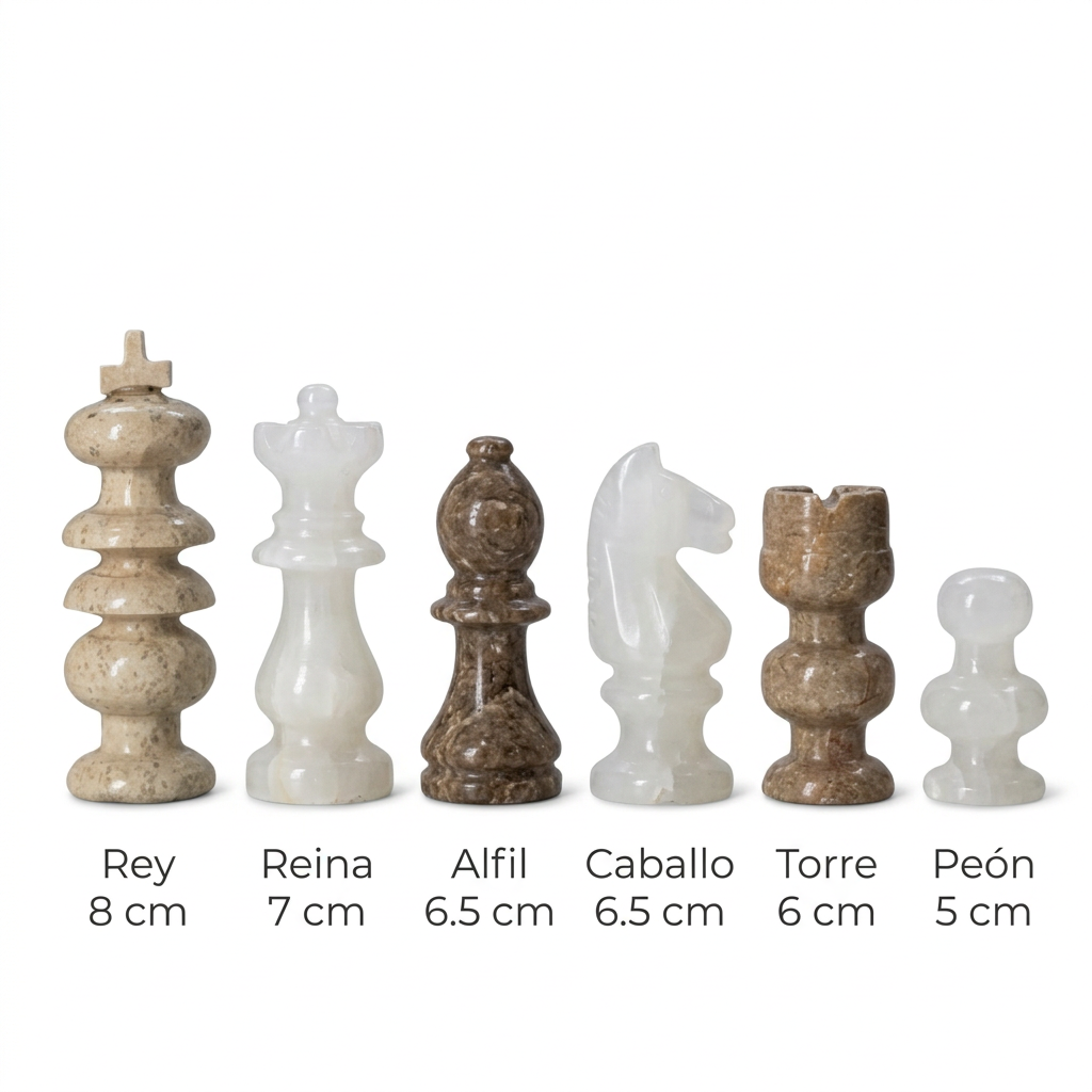Comparativa de alturas de las piezas de ajedrez: Rey 8 cm, Reina 7 cm, Alfil 6.5 cm, Caballo 6.5 cm, Torre 6 cm y Peón 5 cm