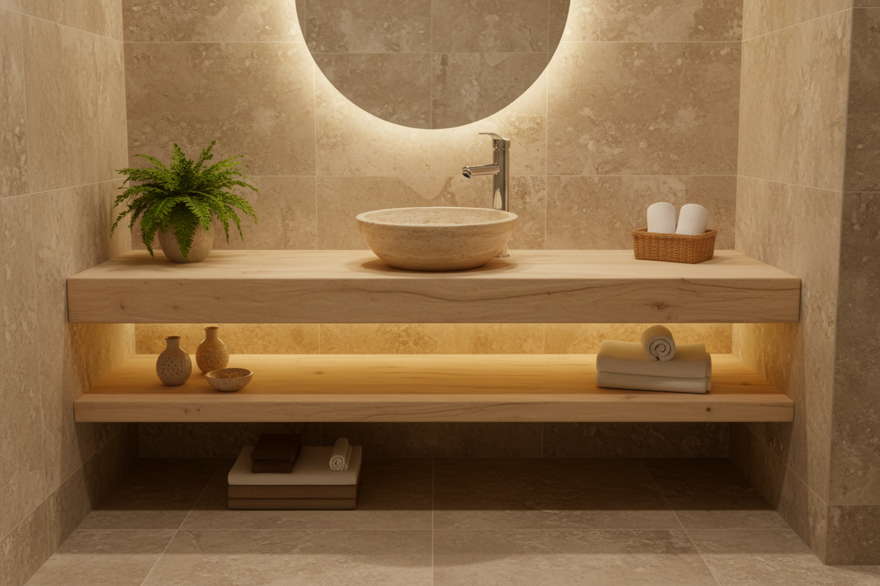 Ovalín Redondo Travertino Blanco instalado en baño orgánico spa con madera natural