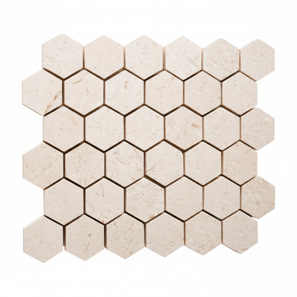 Malla hexagonal beige vista angular mostrando profundidad y patrón