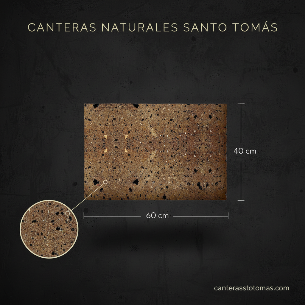 Cantera Café Galindo de 60x40 cm, piedra natural para revestimiento de fachadas con textura y medidas detalladas.