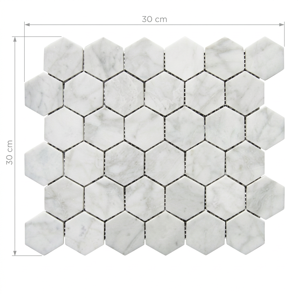 Vista frontal ilustrativa de malla hexagonal blanca con cotas de 30 por 30 cm.