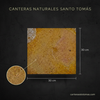 Cantera Amarilla Pinta de 30x30 cm para fachadas, con detalle de textura natural y medidas sobre fondo oscuro.