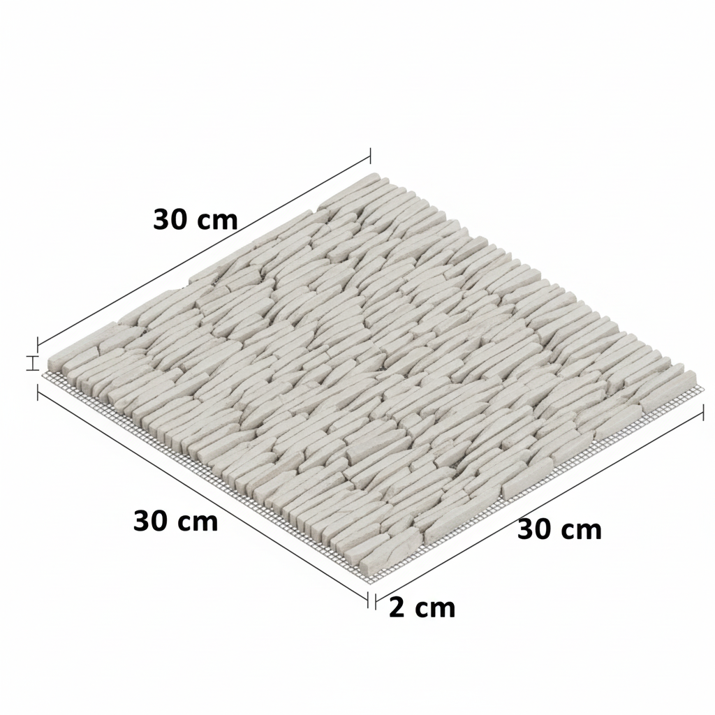 Malla Mil Hojas Blanco Cantera - Render isométrico con dimensiones 30x30x2cm